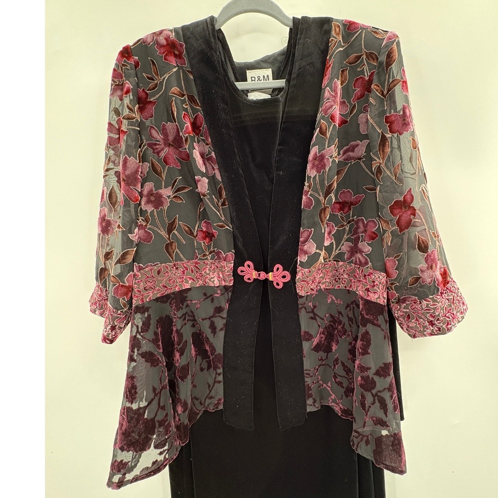 R&M Richards Black Velvet Maxi Dress & Floral Burnout Jacket Set 2PC Formal - Picture 3 of 16